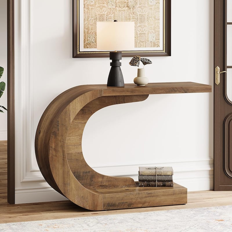 43.3" C-Shaped Console Table, Mid-Century Modern Wood Entryway Hallway Table - Brown - Wood