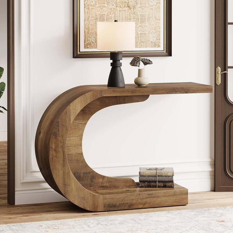 43.3 Inches Brown Wood C-Shaped Console Table, Mid-Century Modern Entryway Table for Living Room