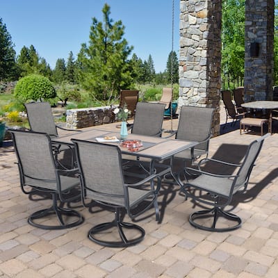 7 Pieces Patio Dining Set, 6 Sling Dining Swivel Chairs and 60" x 37" Rectangular Metal Table with 1.57" Umbrella Hole