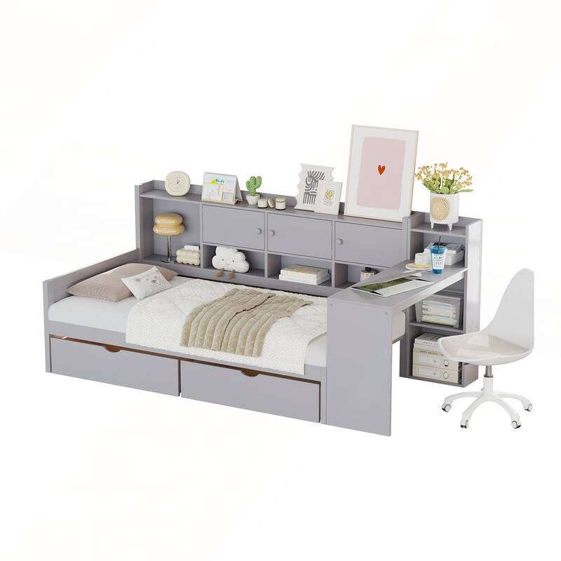 Wooden L-Shape Full Size Daybed with Study Desk and Built-in Bookshelf