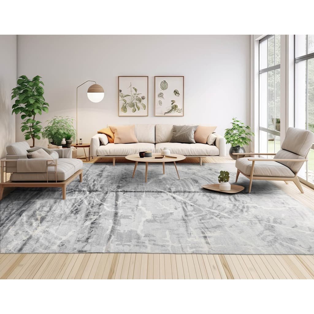 Hand Knotted Designer Tone On Tone, Gray Tibetan Bamboo Silk Area Rug - 9' 2'' x 12' 2''