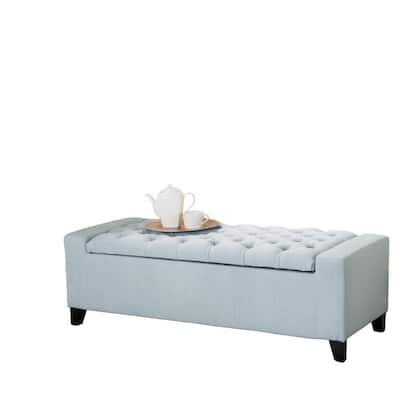 Liani Storage Ottoman Bench, Light Blue Fabric, Tufted Top, 51 Inch