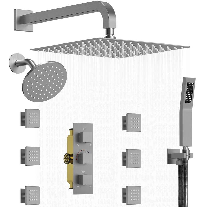 Thermostatic Dual Shower System 12" and 6" Rainfall Shower Head with 6 Body Jets & Handheld Shower - 12" x 6" - Brushed Nickel