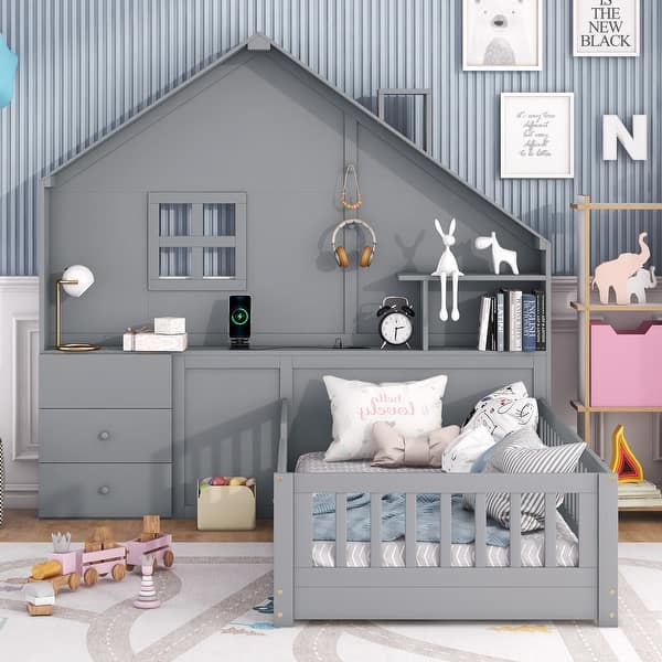 slide 2 of 11, Twin Size House Bed with Window and Bedside Drawers, Platform Bed with Shelves and a set of Sockets and USB Port, Grey Grey