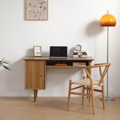 Antique Yellow Computer Desk Writing Desk with Storage Shelf & Cabinet