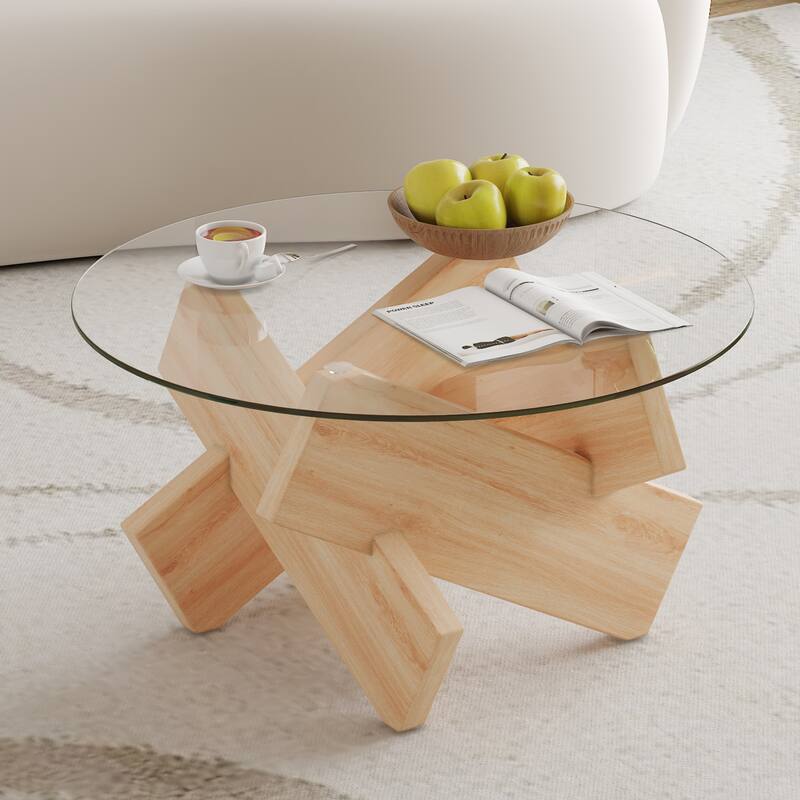 Circular Glass Coffee Table, 33.4-inch Modern and Distinctive Design Tea Table, Tempered Glass Countertop
