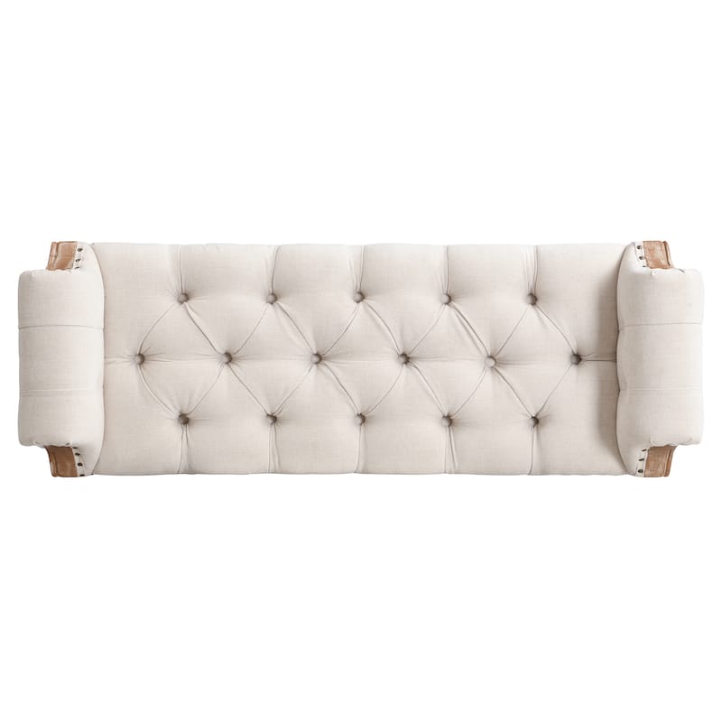Christopher Knight Home - Mid-Century Solid Rubberwood Upholstered Bench with Rolled Arms, Button-Tufted Cushion & Nailhead Trim