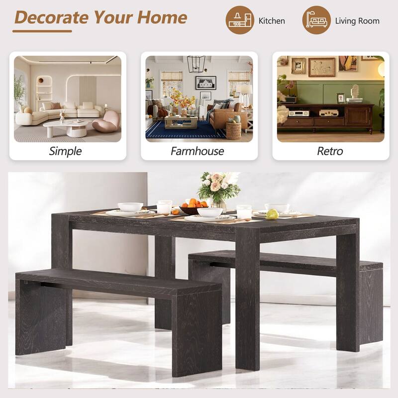 3-Piece Farmhouse Dining Table Set with 2 Benches, Space-Saving Wood Kitchen Table for Dining Room or Kitchen