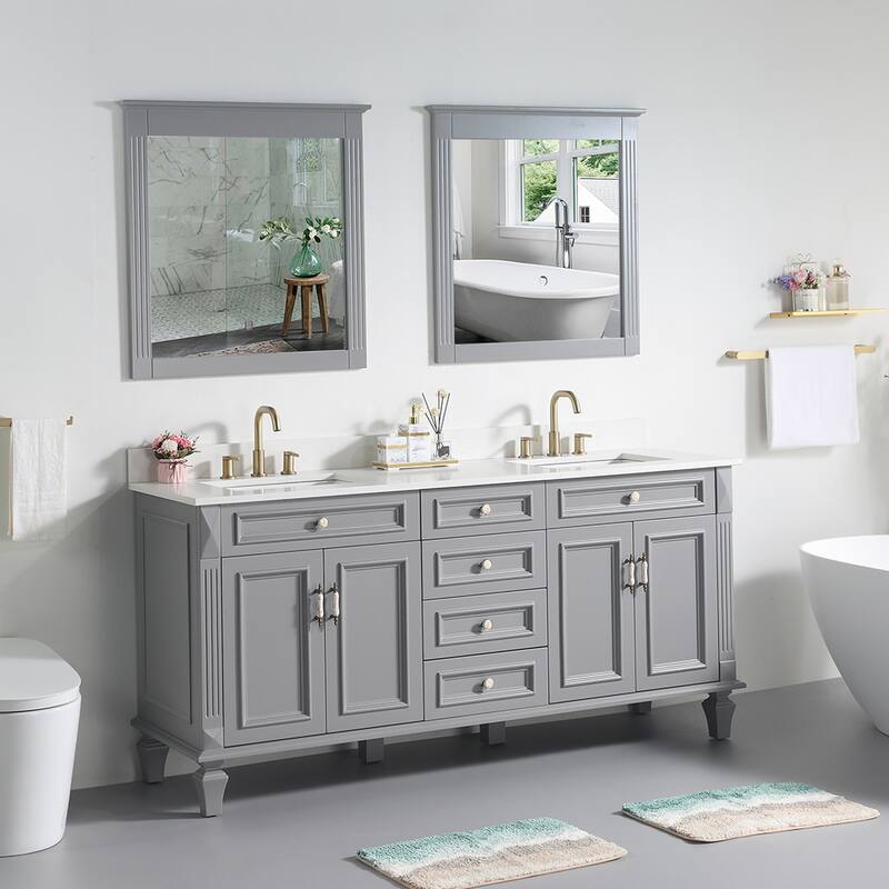 35'' H Solid Wood Bath Vanity with Stain-resistant Carrera White Quartz Top and Double Sink