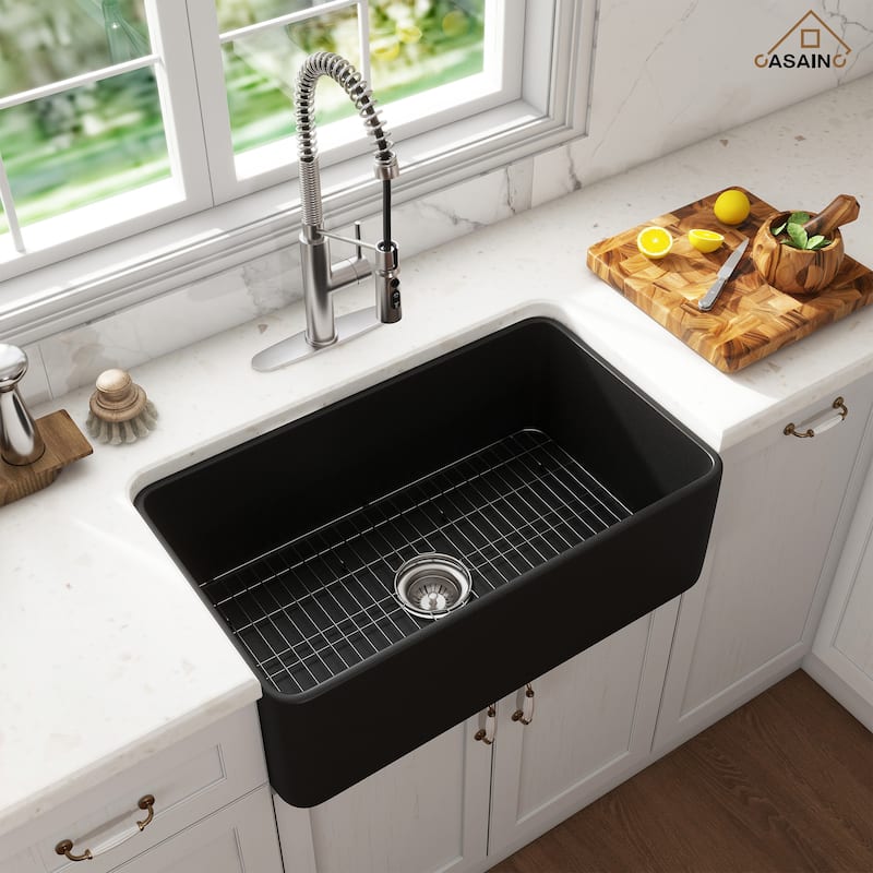 Farmhouse/Apron-Front Single Bowl Fireclay Kitchen Sink with 3-Function Pull-Down Kitchen Faucet, Grid, and Basket Strainer