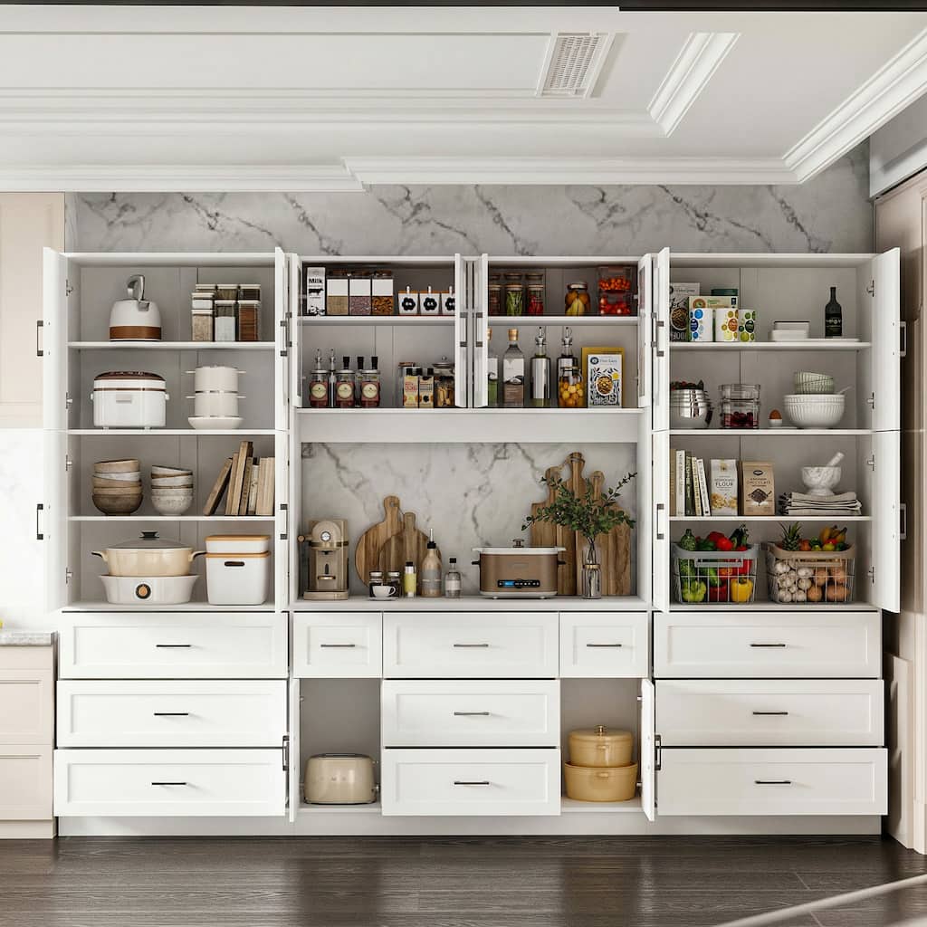 Multi-Functional White Kitchen Storage Cabinet with Drawers and Glass Doors, MDF & Metal Hardware
