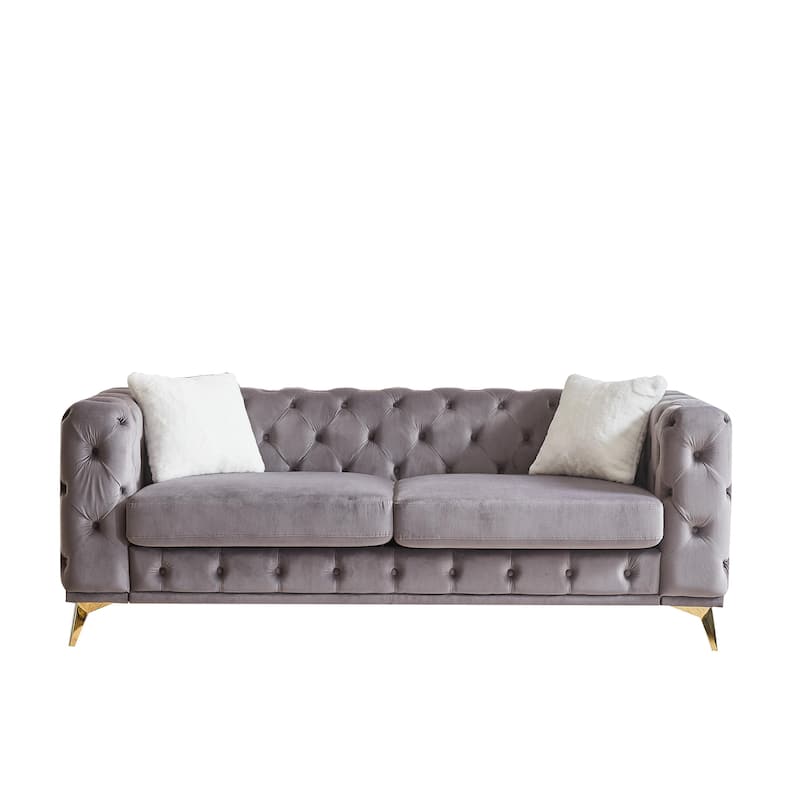 Tufted Design Straight Row Couch Velvet Chesterfield Deep Seat Sofa, Upholstered Couch with Solid Wood Frame and Gold Metal Legs