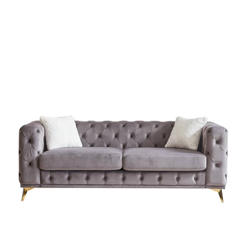 Velvet Upholstered 3 Seater Sofa, Chesterfield Tufted Button Sofa, Lounge Sofa Chair with 2 Pillows & Metal Legs