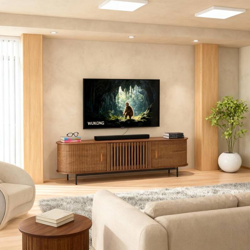 70" Wood TV Stand for TVs, Fluted Mid-Century Modern Media Entertainment Center with Hidden Storage