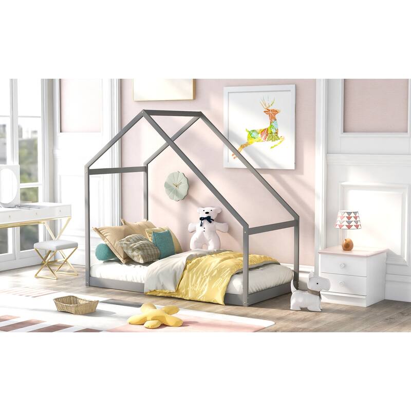 Twin Size Gray Wooden House Bed for Kids