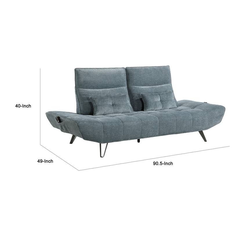 Kyan Adjustable Depth Power Reclining Sofa, 2 Pillows, Blue Chenille