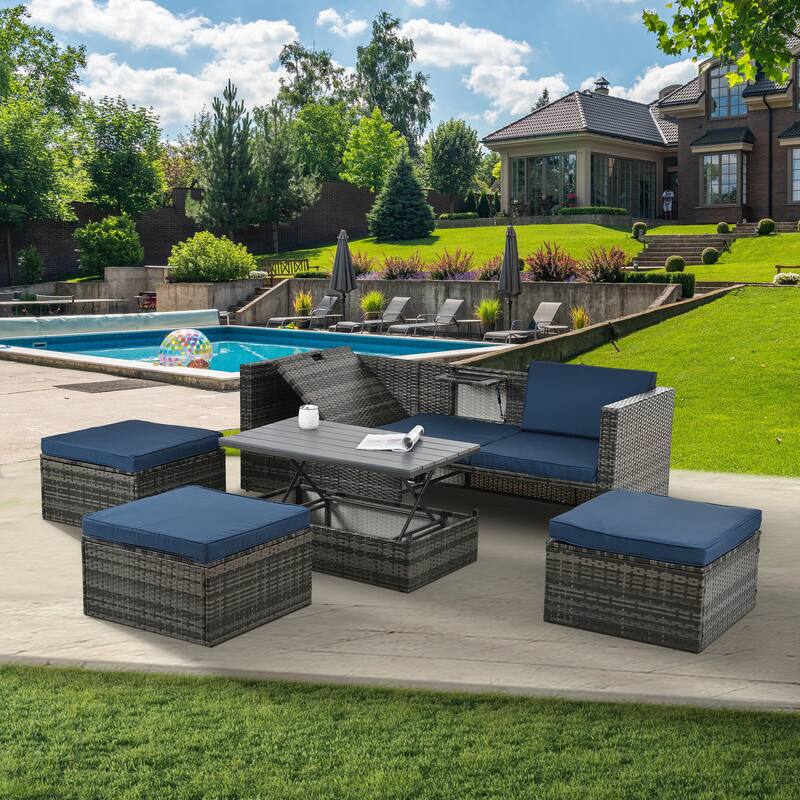 5 Piece Outdoor PE Wicker Sofa Set, Patio Conversation Furniture Set with Lift TOP Coffee Table and Lounger Sofa