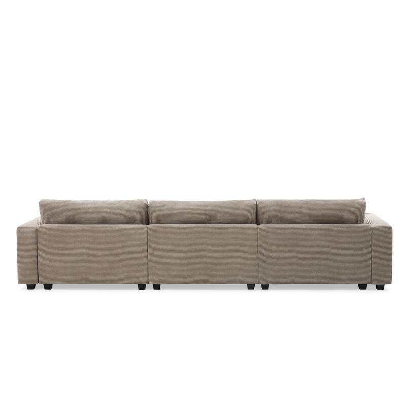 Spacious 4-Seater Corduroy Cloud Couch with Chaise, USB Charging Ports, and Cup Holders