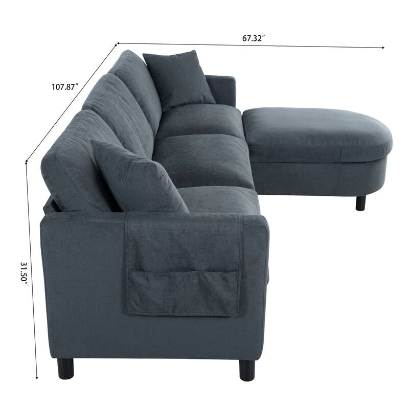 Modular Sofa with Movable Ottoman, Armrest Storage Bag, and Birch Support - 3-Seater Couch