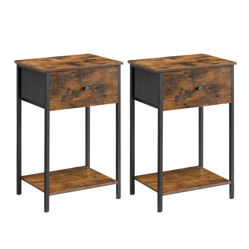 Nightstand, Side Table with Fabric Drawer - Rustic Brown - Set of 2