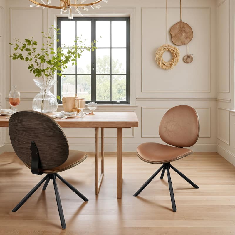Art Leon Round Seat and Back Swivel Dining Chair, PU Leather and Bentwood