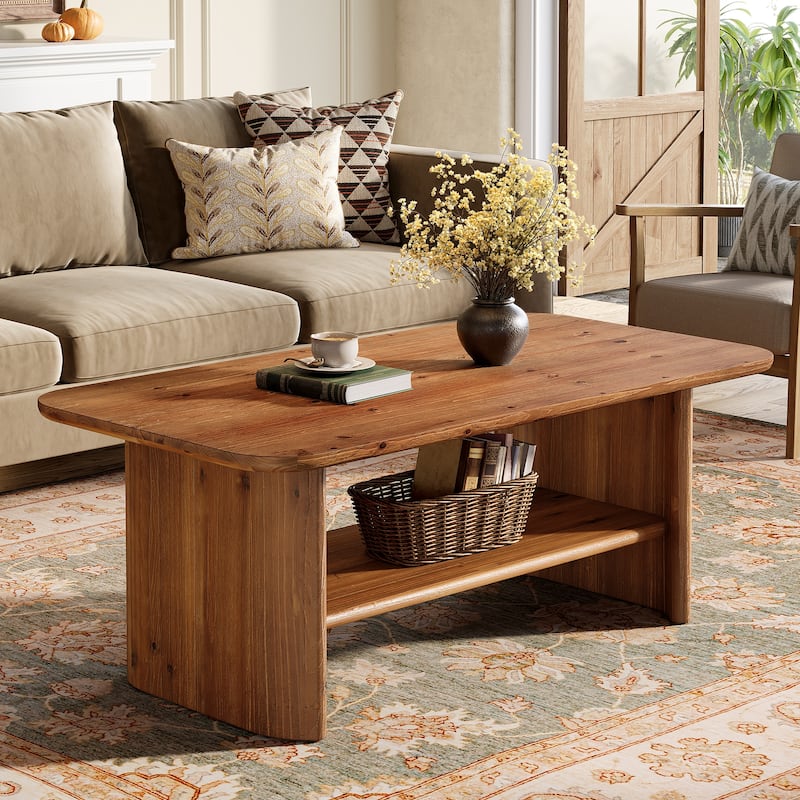 2 Tier Farmhouse Solid Wood Coffee Table for Living Room - Brown