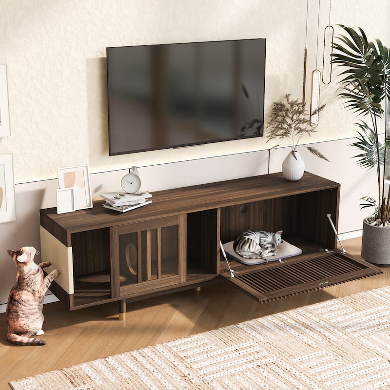Modern 2 in 1 TV Stand with Cat Scratcher, Cat House Media Console Table with Sliding Flip-down Glass Doors