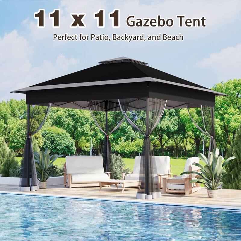 Bezseller 11' x 11' Pop -up Gazebo Tent with Mosquito Netting, Outoor Canopy Tent for Patio Garden Backyard Party
