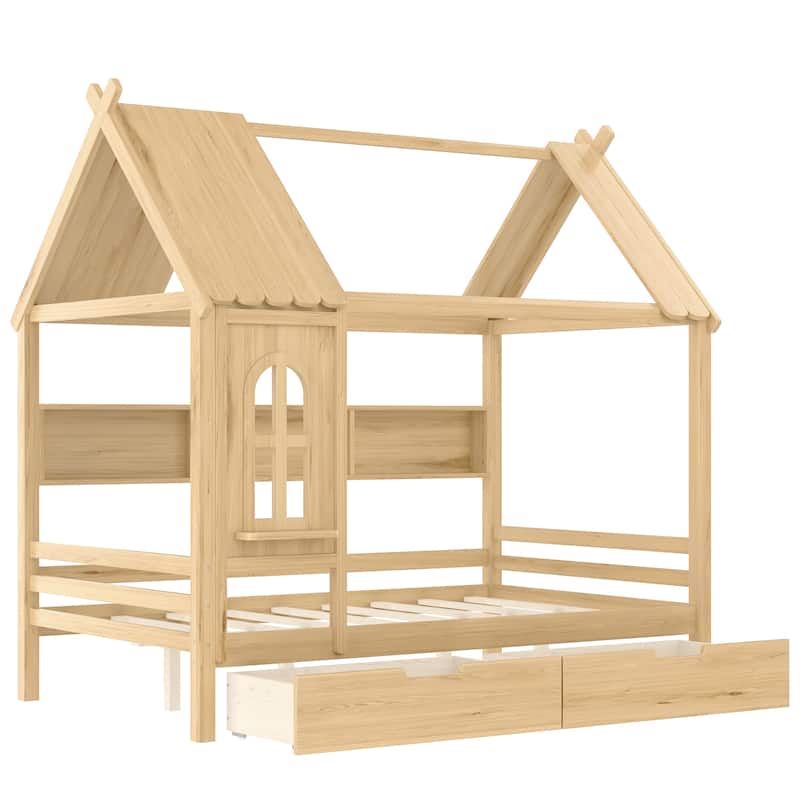 Charming House Bed for Girls, Boys Low Platform Bed Frame with Under-bed Drawers, Storage Shelves, Window and Roof