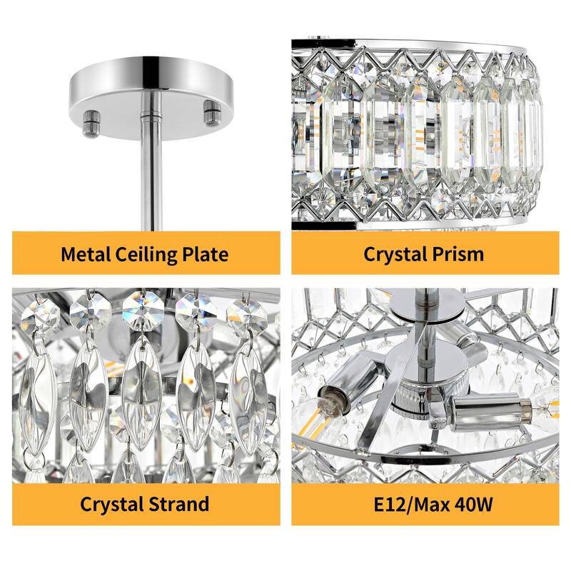 GetLedel 3-Light Dimmable Crystal Semi-Flush Mount Chandelier