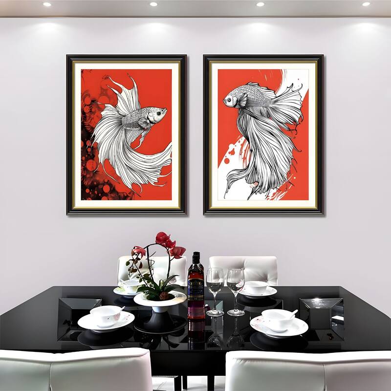 Set of 2 Betta Fish Canvas Wall Art - Interchangeable Prints with Solid Wood Frames, Modern Aquatic Artwork for Dining Room