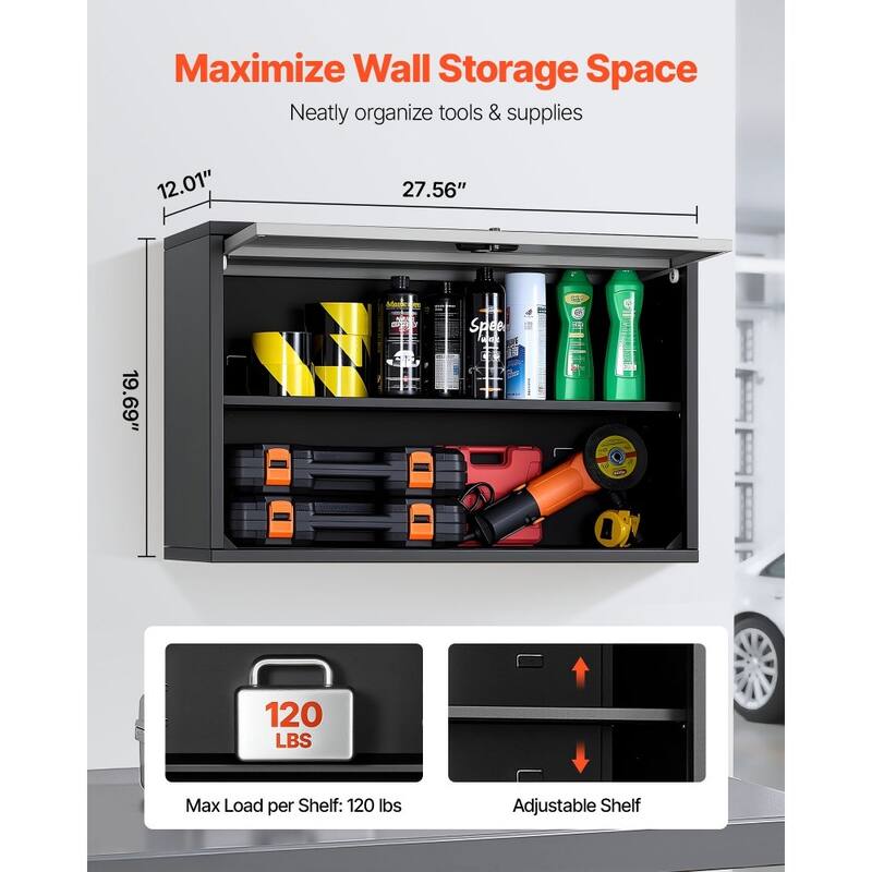 Black Wall Mounted Storage Cabinet for Garage Kitchen Workshop with Flip-Up Doors and Lock - 27.56” x 12.01” x 19.69”