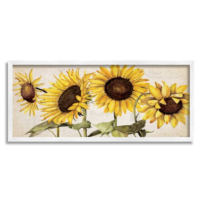Stupell Summer Sunflower Florals Vintage Postcard Text Pattern Framed Wall Art - Yellow - 30 x 13 - White