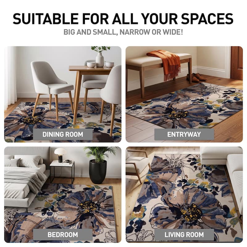 World Rug Gallery Modern Bright Flowers Non-Slip Area Rug Multi