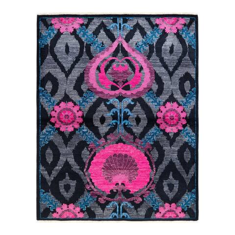 Overton One-of-a-Kind Hand-Knotted Contemporary Ikat Suzani Black Area Rug - 4' 0" x 5' 3"