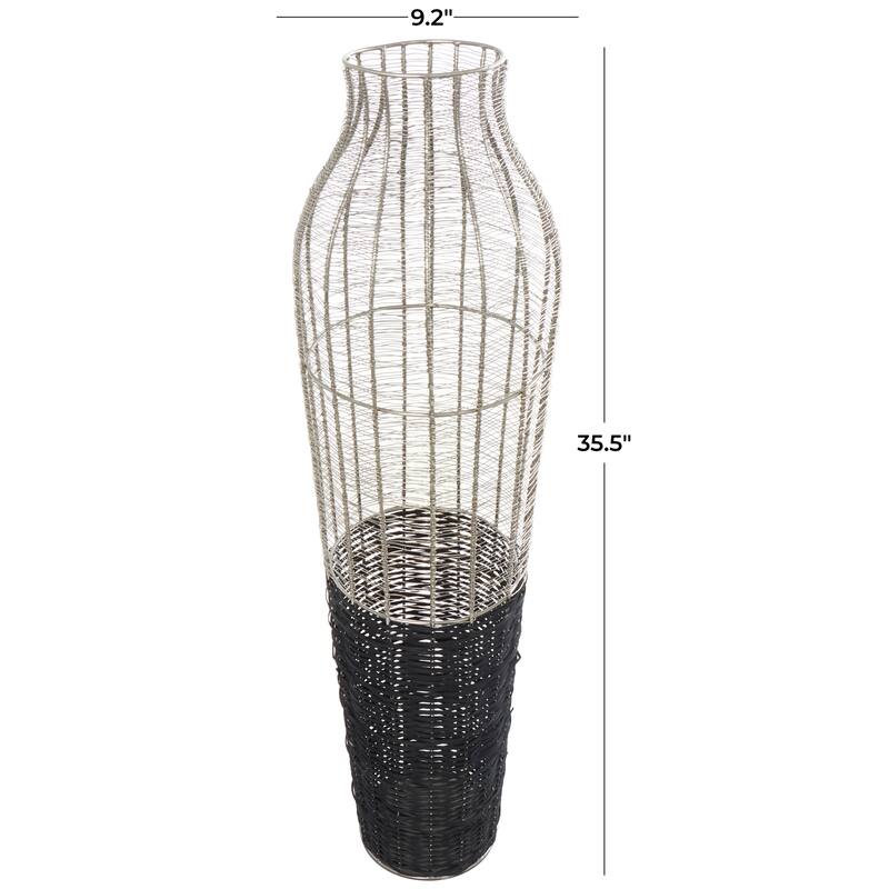 Silver Metal Tall Vase with Woven Black Rattan Base