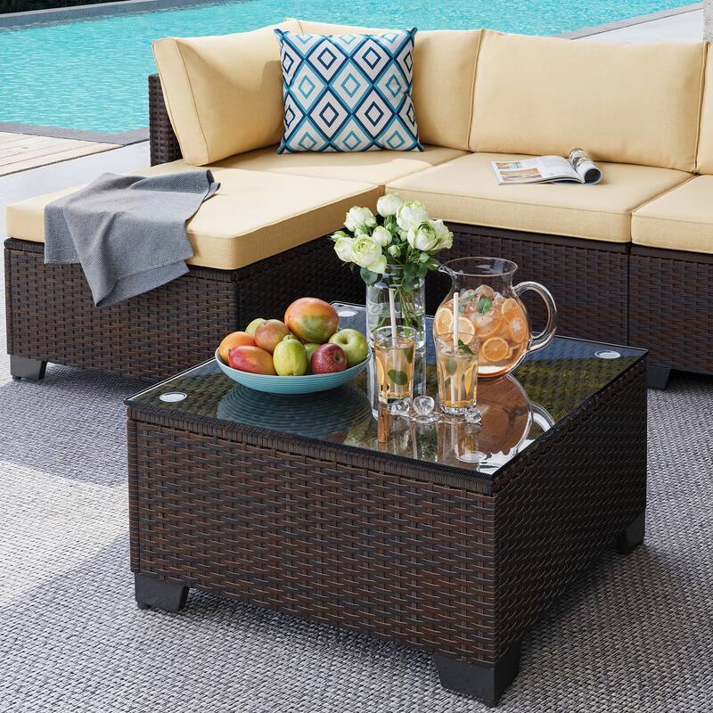 7 Piece Patio Furniture Set, All-Weather PE Rattan Outdoor Conversation Sofa Set with Waterproof Cushions & Coffee Table