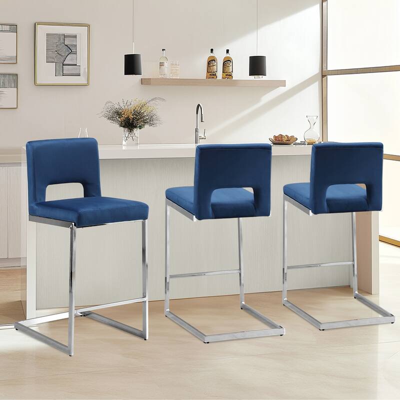 26" Counter Height Bar Stools Set of 2/3 with Metal Frame - 18"W x 23"D x 37.6"H - Set of 3 - Velvet-Blue