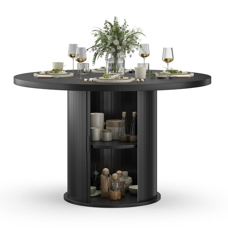 43" Modern Round Dining Table with Sturdy Metal Base and Storage - Black