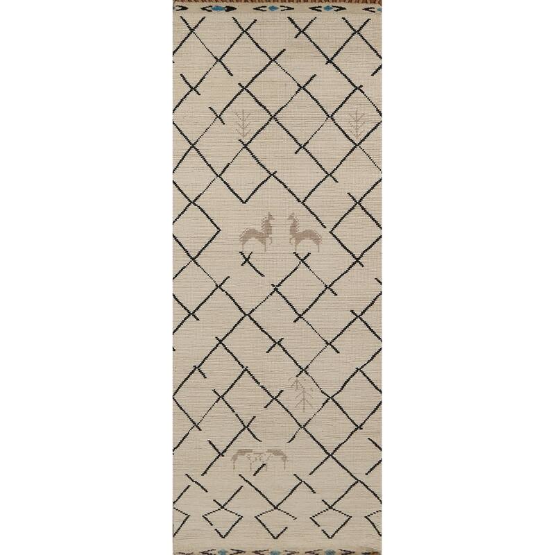 Hand Knotted Oriental 100% Wool Carpet Modern All-Over Beige & Ivories Moroccan Runner Rug - 13' 3'' X 3' 10''