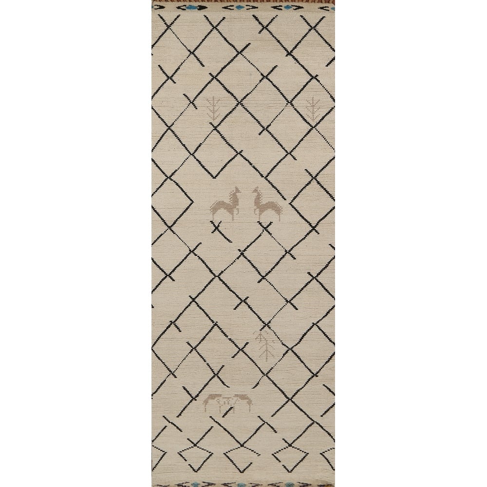 Hand Knotted Oriental 100% Wool Carpet Modern All-Over Beige & Ivories Moroccan Runner Rug - 13' 3'' X 3' 10''