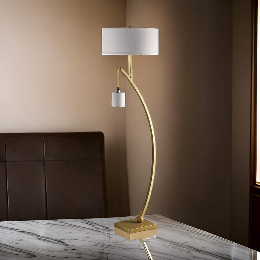 Jiya 59 Inch Arc Floor Lamp, Hanging Design, 2 White Drum Shades, Gold