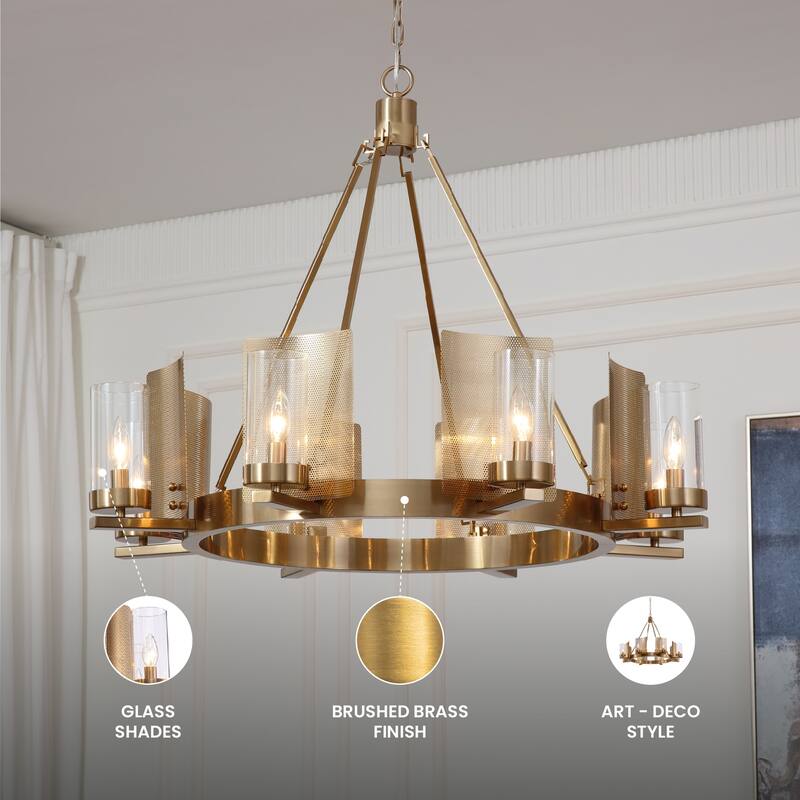 Vidalite Aurelia 8-Light Brass Chandelier, Round Pendant Chandelier Light in Brass Art-Deco Style with Clear Glass Shade