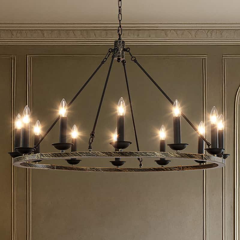 12-Light Modern Candelabra Chandelier Round Industrial Candle Pendant Lighting In Vintage Brushed Gold Over Black Finish - W37''