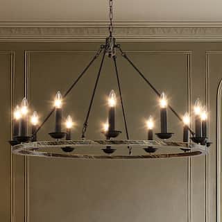 12-Light Modern Candelabra Chandelier Round Industrial Candle Pendant Lighting In Vintage Brushed Gold Over Black Finish - W37''