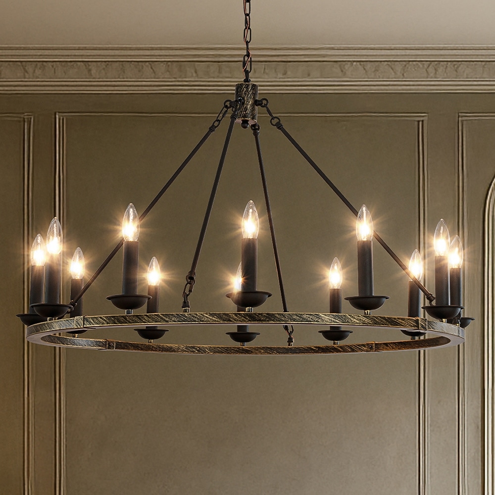 AloaDecor 12-Light Modern Candelabra Chandelier Round Industrial Candle Pendant Lighting In Vintage Brushed Gold Black Finish