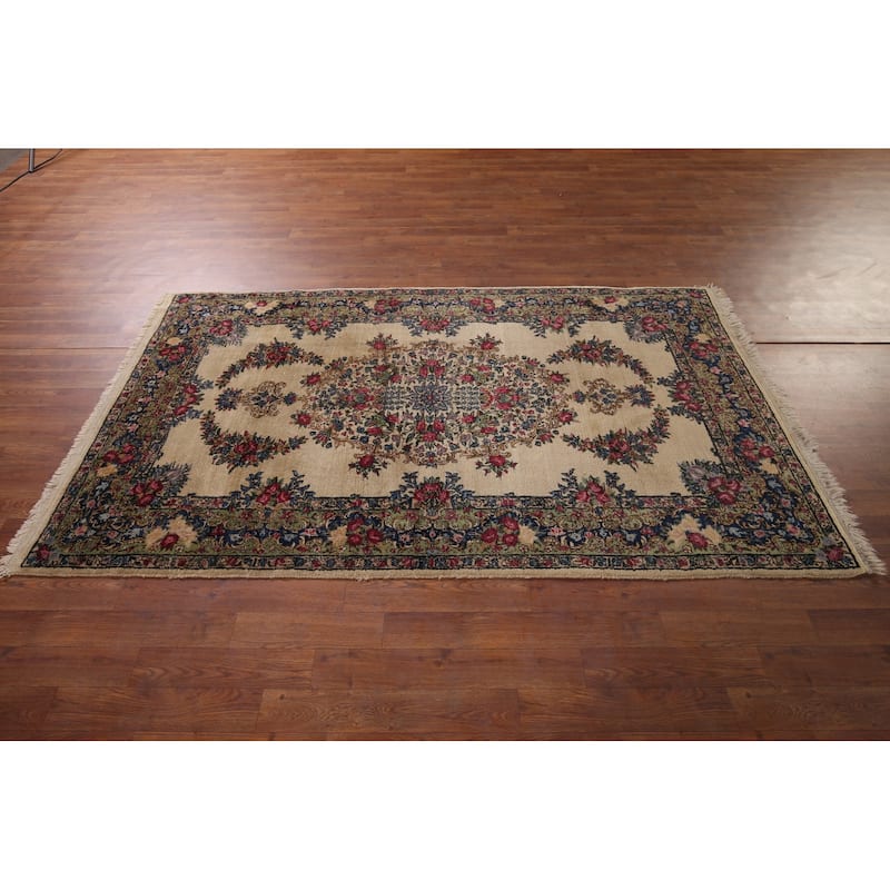 Vegetable Dye Kerman Vintage Persian Area Rug Hand-Knotted Wool Carpet - 4'0" x 7'1"