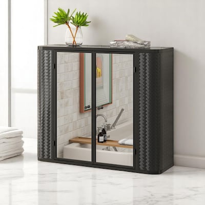 Farmhouse Wall Bathroom Storage Cabinet with Mirror Doors and Open Compartment, Steel Frame, Powder Coated