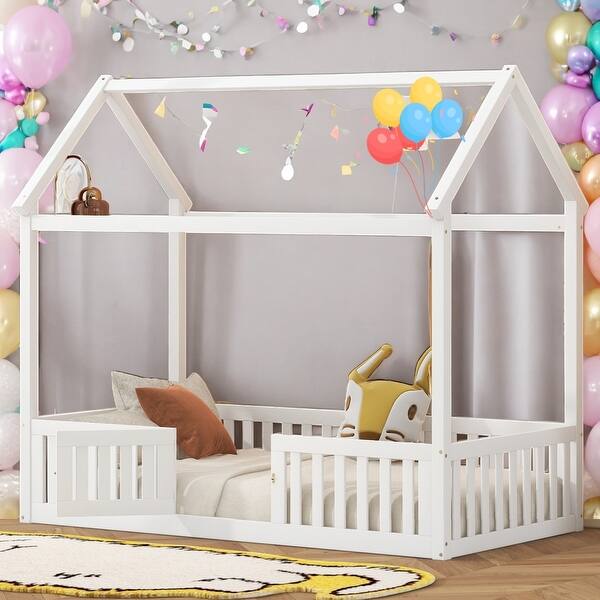 slide 2 of 18, Twin Size Wood House Bed with Fence and Door,Solid Construction For Home White
