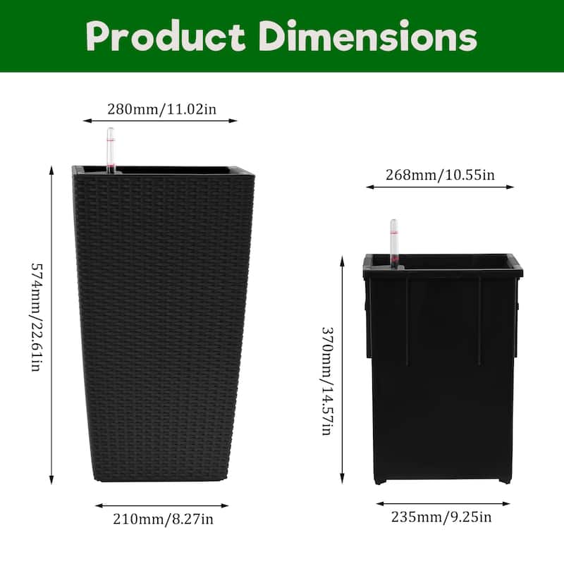 Square Planter for Indoor or Outdoor Use, 22-Inch High Faux Rattan Design Planter with Automatic Watering System (Pack of 2)